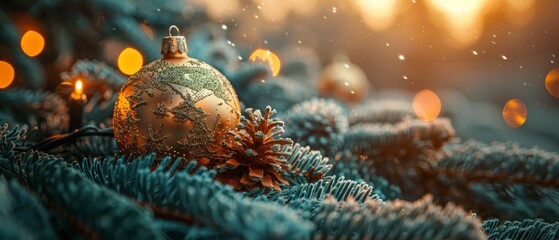 Poster - Merry Christmas and Happy New Year card in a computer technology style. Christmas ball decoration on a Christmas tree close-up. Greeting card with a new technology layout to communicate digitally over