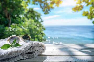 Poster - Beach towel with sunglasses on white wooden table, free space for your text or decoration. Blurred landscape of sea and green trees.