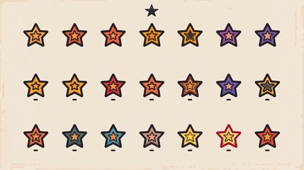 (21) Pixel Art (Retro Style) star icons in different colors, ideal for highlighting important information or selections.