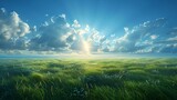 Fototapeta Natura - Serene meadow at sunrise with lush green grass and radiant sunlight piercing through clouds, perfect for wallpaper or background use. AI