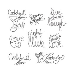 Wall Mural - Cocktail bar, night club, party time, logo inscription, continuous line drawing, hand lettering, print for clothes, t-shirt, one single line on white background. Isolated vector illustration.