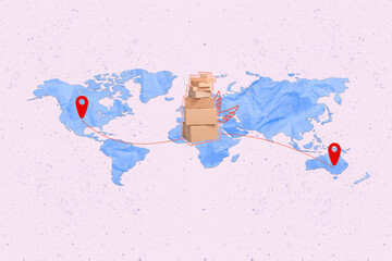 Sticker - Collage image of pile stack boxes painted wings fly deliver destination location mark world map isolated on creative background