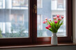 pink tulips in vase on windowsill