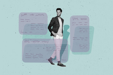Poster - Collage picture of positive black white colors guy walk look text message dialogue bubble isolated on drawing teal background
