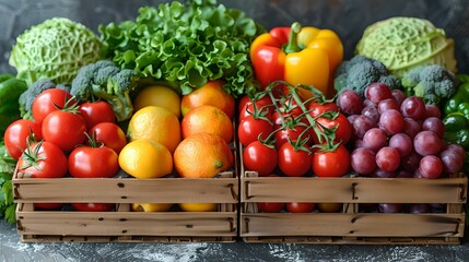  Fresh organic vegetables in wooden crates on a table. colorful bell peppers, tomatoes, grapes, and greens. healthy eating concept. vibrant produce display. AI
