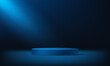 © Tan nitipong - Dark Blue cylinder pedestal podium. Abstract studio room platform design. Empty room with spotlight effect. Use for product display presentation, cosmetic display mockup, showcase, media banner, etc.