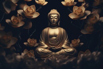 Buddha statue with lotus flowers on black background. Vesak Day, Buddhism, Buddha Jayanti, Buddha's Birthday, Buddha Purnima. Siddhartha Gautama. Meditation, zen. Asian culture and travel concept
