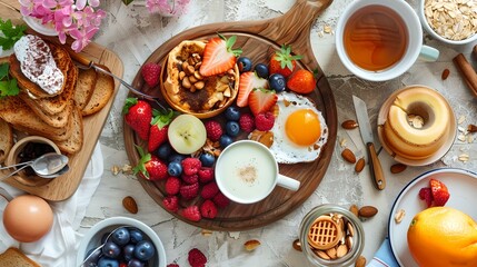 Poster - Delicious varied breakfast spread on a rustic table. fresh fruits, eggs, and pastries for a healthy morning meal. ideal image for food blogs and menus. AI