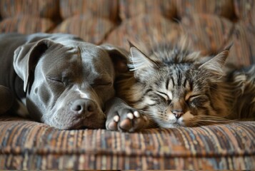 Wall Mural - Stunning high-resolution photo of a gray pit bull terrier and a Maine Coon cat sleeping in interesting, unusual positions.