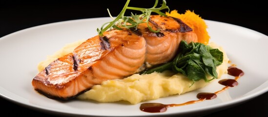 Sticker - A classic dish featuring a white plate with salmon and mashed potatoes, topped with fines herbes. A delicious seafood recipe using staple food ingredients