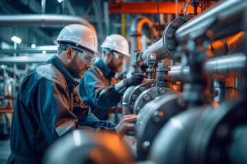 Chemical industry plant workers wearing uniform eye shield glasses and hard hat checking pipes and machinery at refinery.