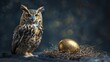 An intelligent owl sits next to a golden nest egg against a dark navy backdrop, ideal for financial promos with room for text.