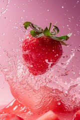 Wall Mural - fresh strawberries with splashes of water on a pink background