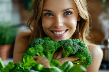 Wall Mural - A woman is holding a bunch of broccoli and smiling