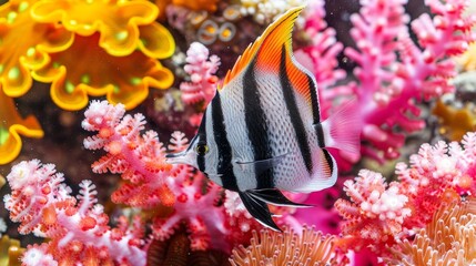 Wall Mural - Colorful butterflyfish swimming among vibrant corals in a saltwater aquarium environment