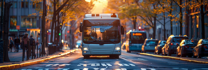 Wall Mural - A bustling city street with a bus in motion, catering to urban travelers' transportation needs.