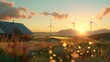 3D animated sustainable farm solar panels gleaming at dawn