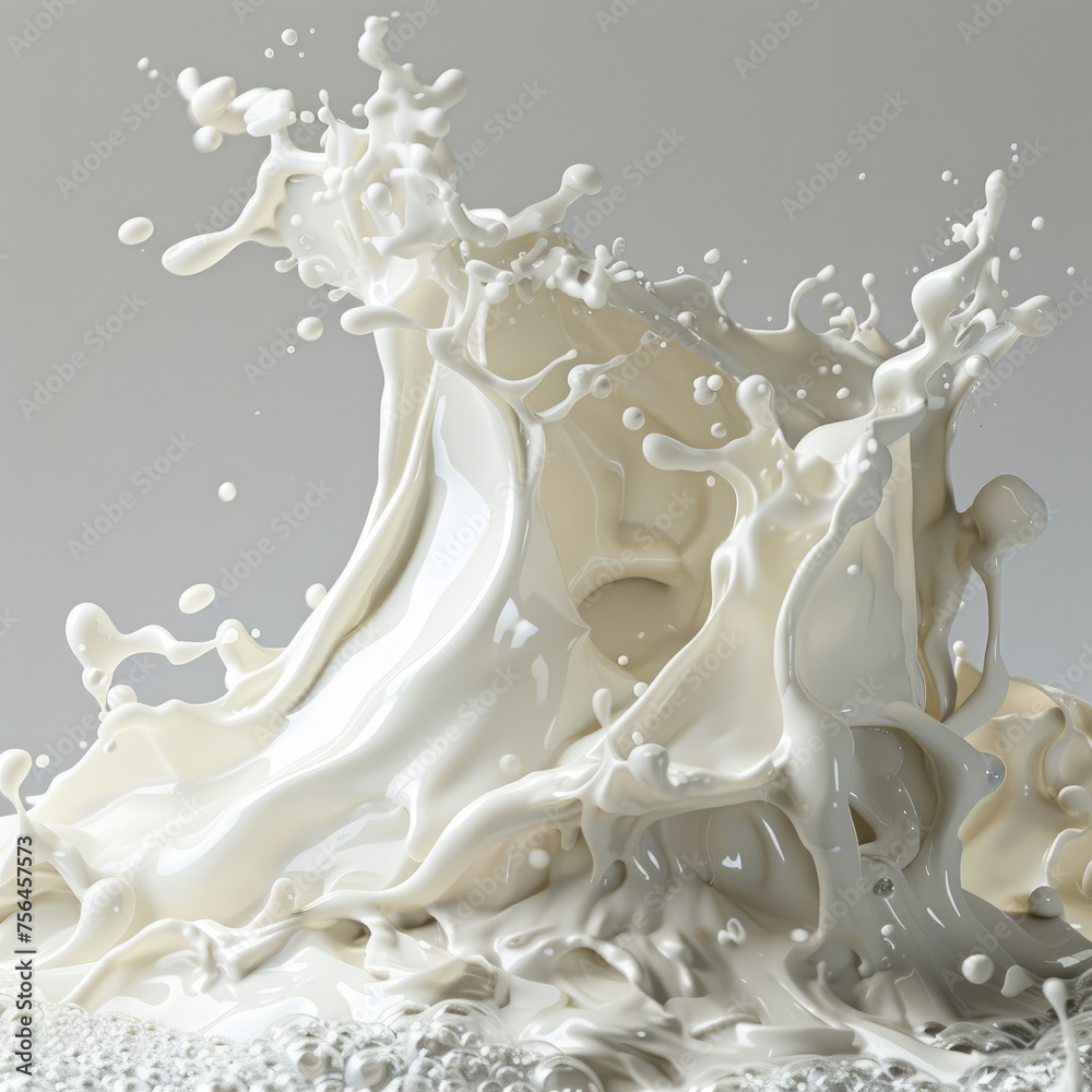 Splashed Milk splash and spill of milk, realistic natural dairy products, yogurt or ...