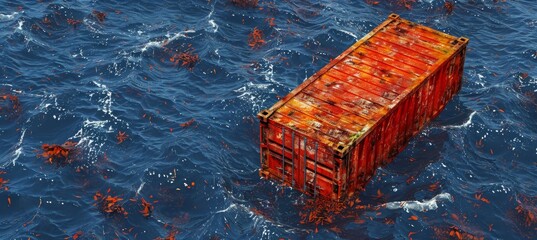 Wall Mural - Aerial view of a single lost sea container floating in bright blue ocean, top view with copy space