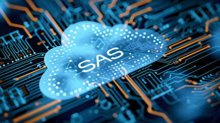 SAS inscription on the background of the computer board 