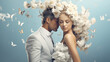 Beautiful stylish bride and groom surrounded by flowers. Wedding concept