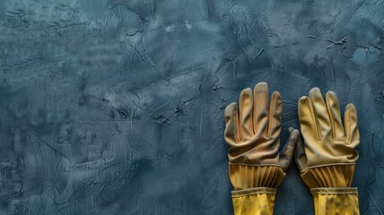 Worn yellow work gloves resting on a rough blue background