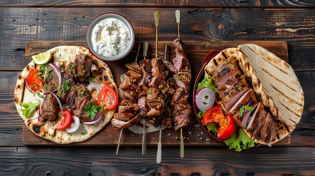 Greek street food variety, gyro sliced meat pita bread wrap, chiken and pork souvlaki skewer. Wooden table, top view --ar 16:9 Job ID: 8d4ab319-502b-422e-b203-caa10aaf12f6
