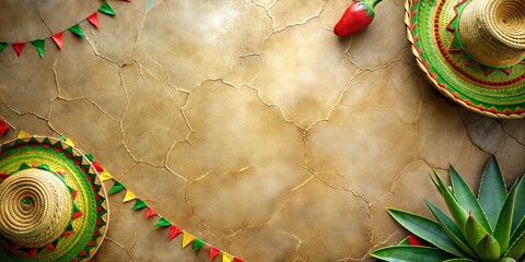 Wall Mural - Festive mexican background with traditional sombreros, flags, and a chili pepper. Yellow backdrop for festival Cinco de mayo in Mexico