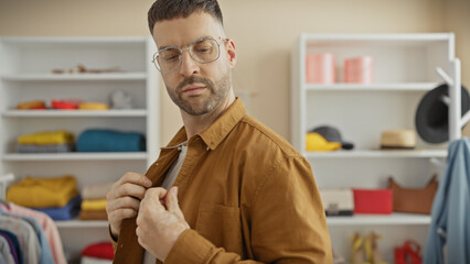 Wall Mural - Handsome hispanic man dressing in a stylish wardrobe room.