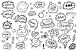 Comic cartoon line bomb explosion. Hand drawn cartoon explosion bomb effect, splash, exclamation smoke element. Explosion speech bubble with pow, boom, omg text.