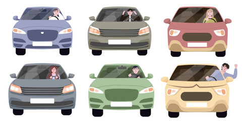 Set of angry car driver shouting in flat design on white background. Driver suffers from migraine and headache while driving car or is nervous getting stuck in traffic jam.