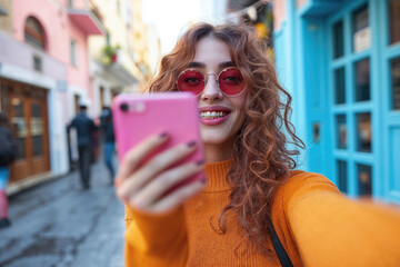 Wall Mural - Woman with red sunglasses, smiling, taking selfie, city street background.