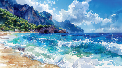 Wall Mural - Watercolor Illustration of sea of Italy