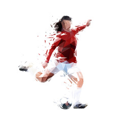 Female soccer player kicking ball, low poly woman playing soccer, isolated geometric vector illustration