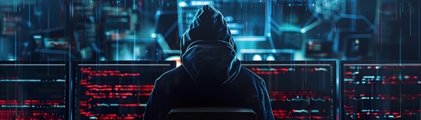 Focused Hacker Infiltrating Firewall in Modern Office Setting