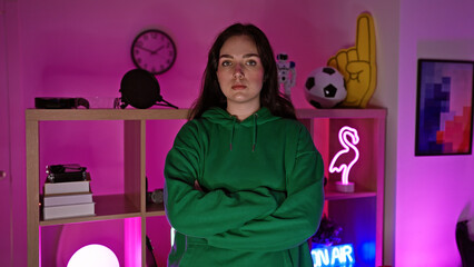 Poster - Confident young woman standing arms crossed in a neon-lit gaming room looking serious