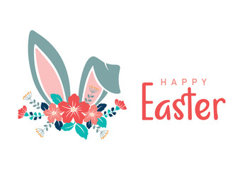 Wall Mural - happy easter card with floral elements, easter bunny`ears and lettering, hand drawn vector illustration isolated on white background, design for greeting cards,banner,wallpaper,invitation