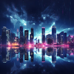 Poster - A city skyline at night with illuminated skyscraper