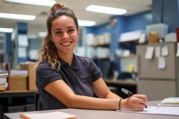 smiling latina woman writing on paper at work wearing dark gray polo collar shirt