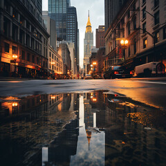 Poster - A cityscape with reflections in a rainy puddle. 