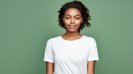 Wall Mural - Young girl in white t-shirt on green background. Mockup of t-shirt.