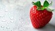 Strawberry with dewdrops conveying freshness on a reflective surface. Juicy red strawberry with green leaves signifying healthy food choices. Single ripe strawberry with water droplets