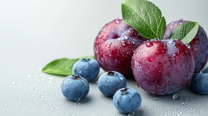Wall Mural - Plums and blueberries with water droplets on a grey background. A composition of plump purple plums and dusty blue blueberries, both dotted with moisture, resting on a muted surface.