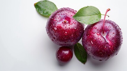 Wall Mural - Dew-kissed red plums with fresh leaves. Juicy plums perfect for a healthy snack. Plums with water droplets on a white background.