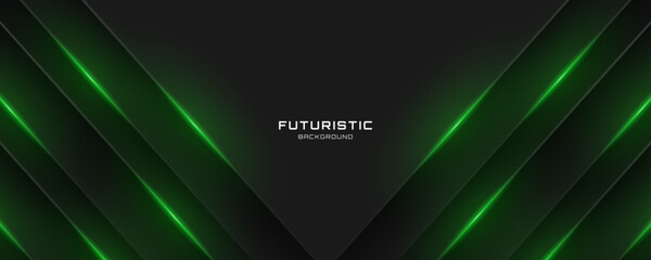 Poster - 3d black techno background overlap layer on dark space with green light lines effect decoration. mod