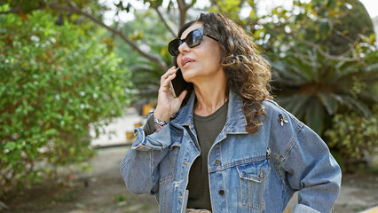 Sticker - Mature hispanic woman with curly hair talks on phone in sunny outdoor park.