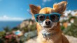 A close-up of a charming Chihuahua wearing blue sunglasses, happy dog on travel