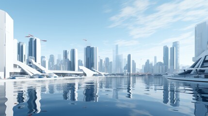 Sticker - Futuristic eco smart city skyline with skyscrapers and towers, creative 3d scene illustration.
