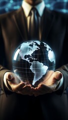 Poster - Global businessman showcasing 3d world globe hologram on futuristic technology screen background.