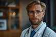 A young male doctor with glasses and stethoscope looks seriously at the camera inside a medical office
